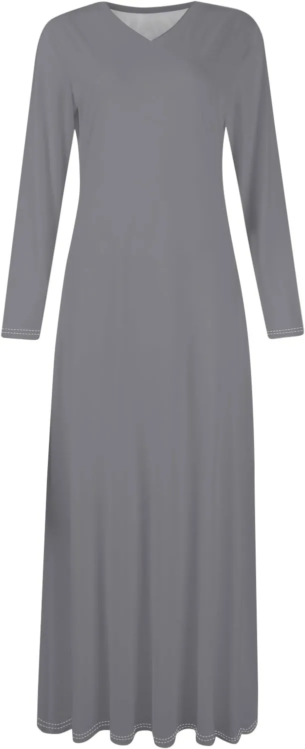 Elegant Women's Long Sleeve V-Neck Maxi Dress, Casual Loose Fit, Soft Red Fabric, Perfect for Summer Outfits
