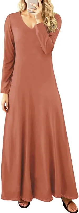 Elegant Women's Long Sleeve V-Neck Maxi Dress, Casual Loose Fit, Soft Red Fabric, Perfect for Summer Outfits