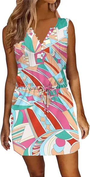 ETCYY Womens Summer Casual Dresses Sleeveless Beach Vacation Sundresses Drawstring Waist Short Striped Dress with Pockets