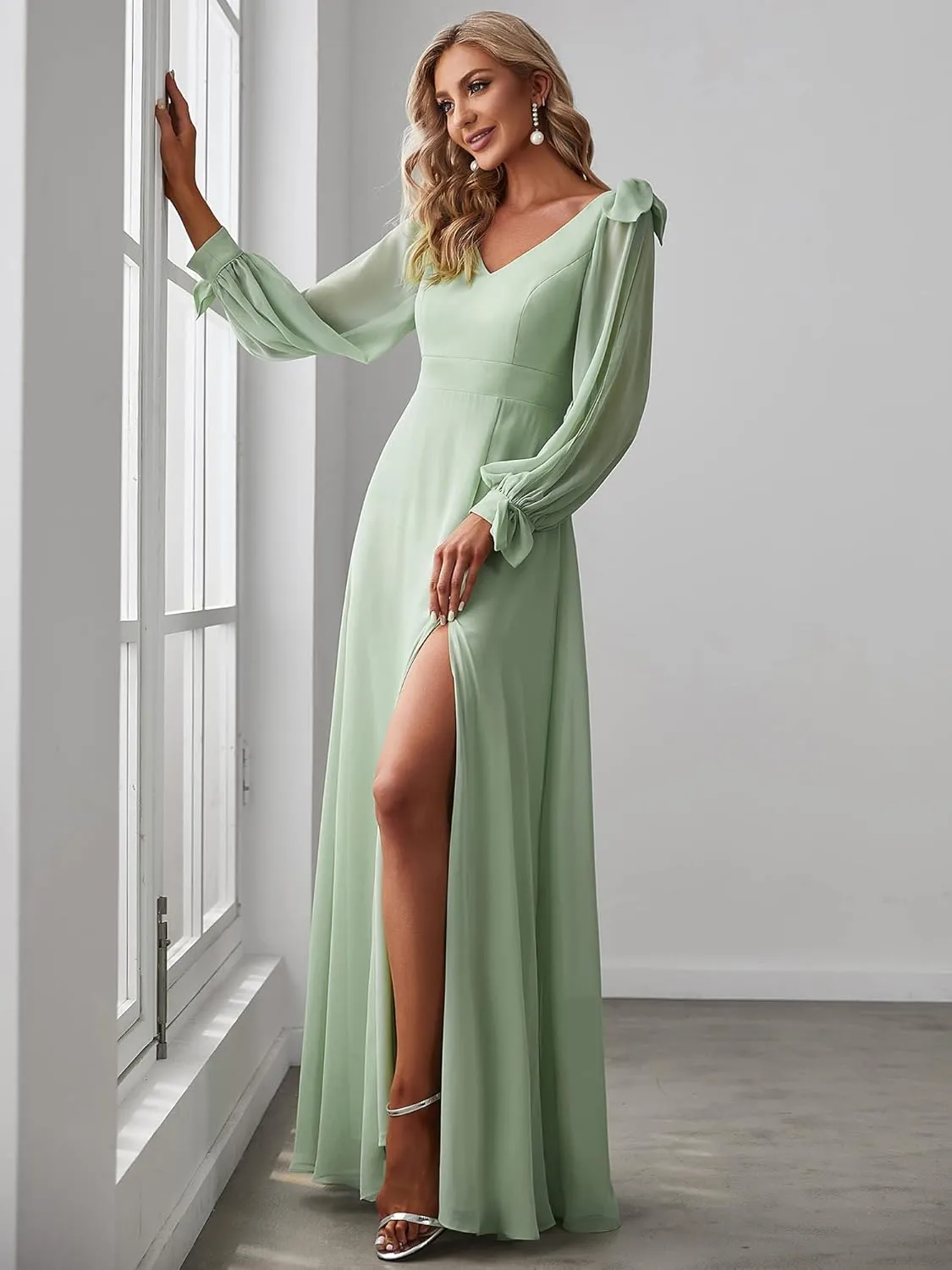 Ever-Pretty Women's Elegant Double V Neck Hollowed-Out Long Sleeves High Waist Split Chiffon Formal Dress 80116