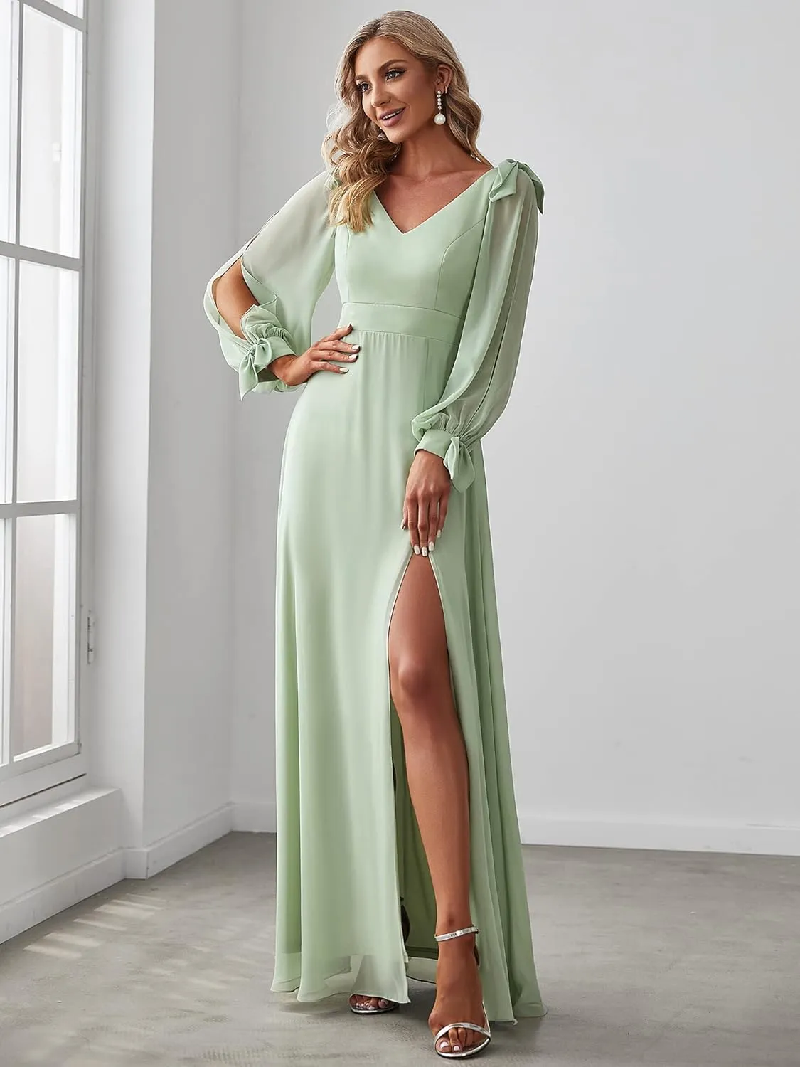 Ever-Pretty Women's Elegant Double V Neck Hollowed-Out Long Sleeves High Waist Split Chiffon Formal Dress 80116