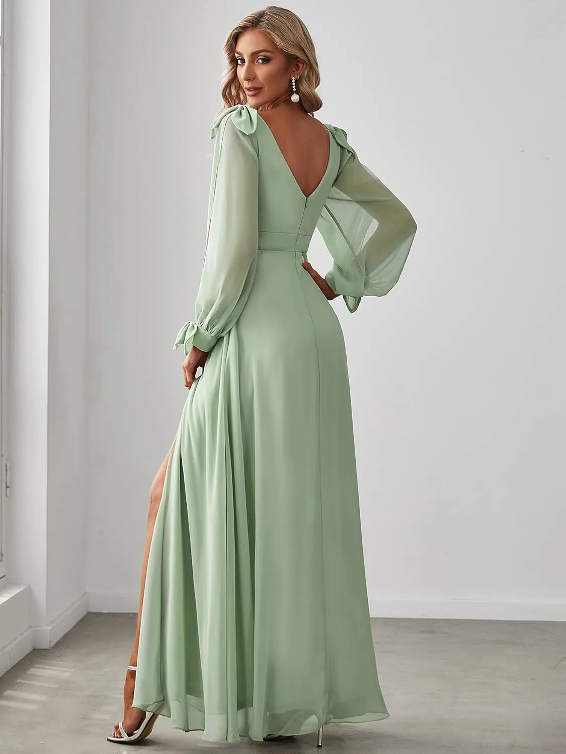 Ever-Pretty Women's Elegant Double V Neck Hollowed-Out Long Sleeves High Waist Split Chiffon Formal Dress 80116