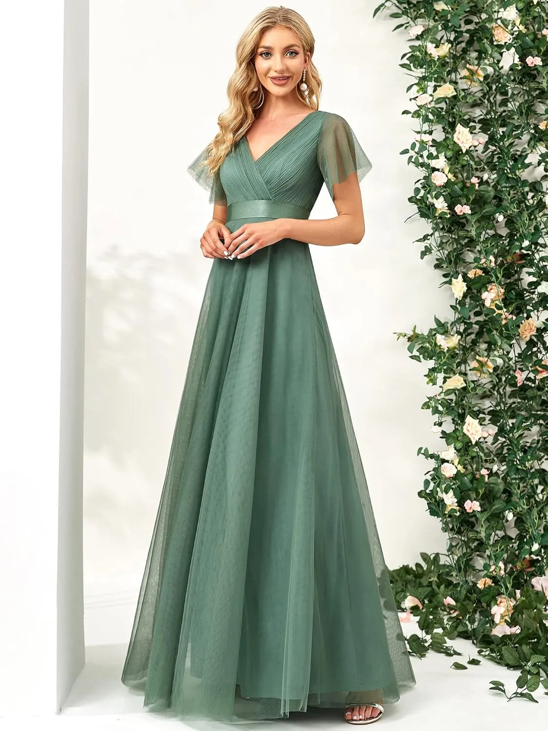 Ever-Pretty Women's Mother of Bride Dress Double V-Neck Empire Waist Front Wrap Tulle Bridesmaid Dress 07962
