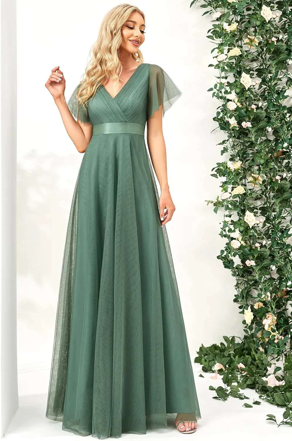 Ever-Pretty Women's Mother of Bride Dress Double V-Neck Empire Waist Front Wrap Tulle Bridesmaid Dress 07962
