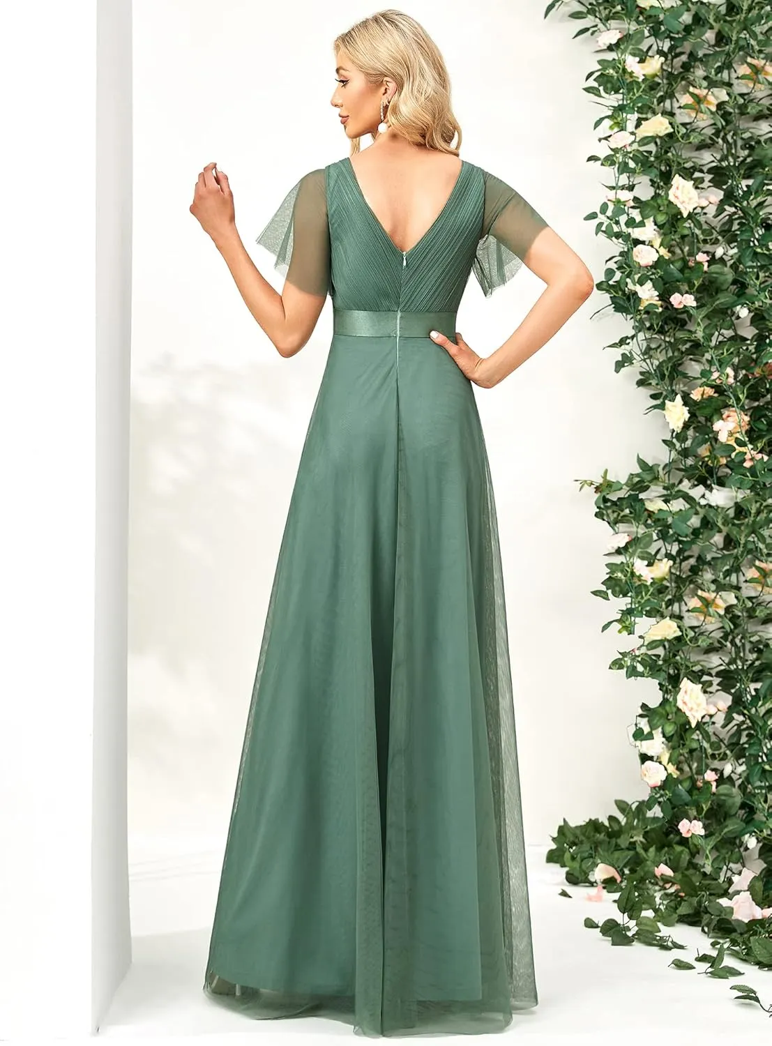 Ever-Pretty Women's Mother of Bride Dress Double V-Neck Empire Waist Front Wrap Tulle Bridesmaid Dress 07962