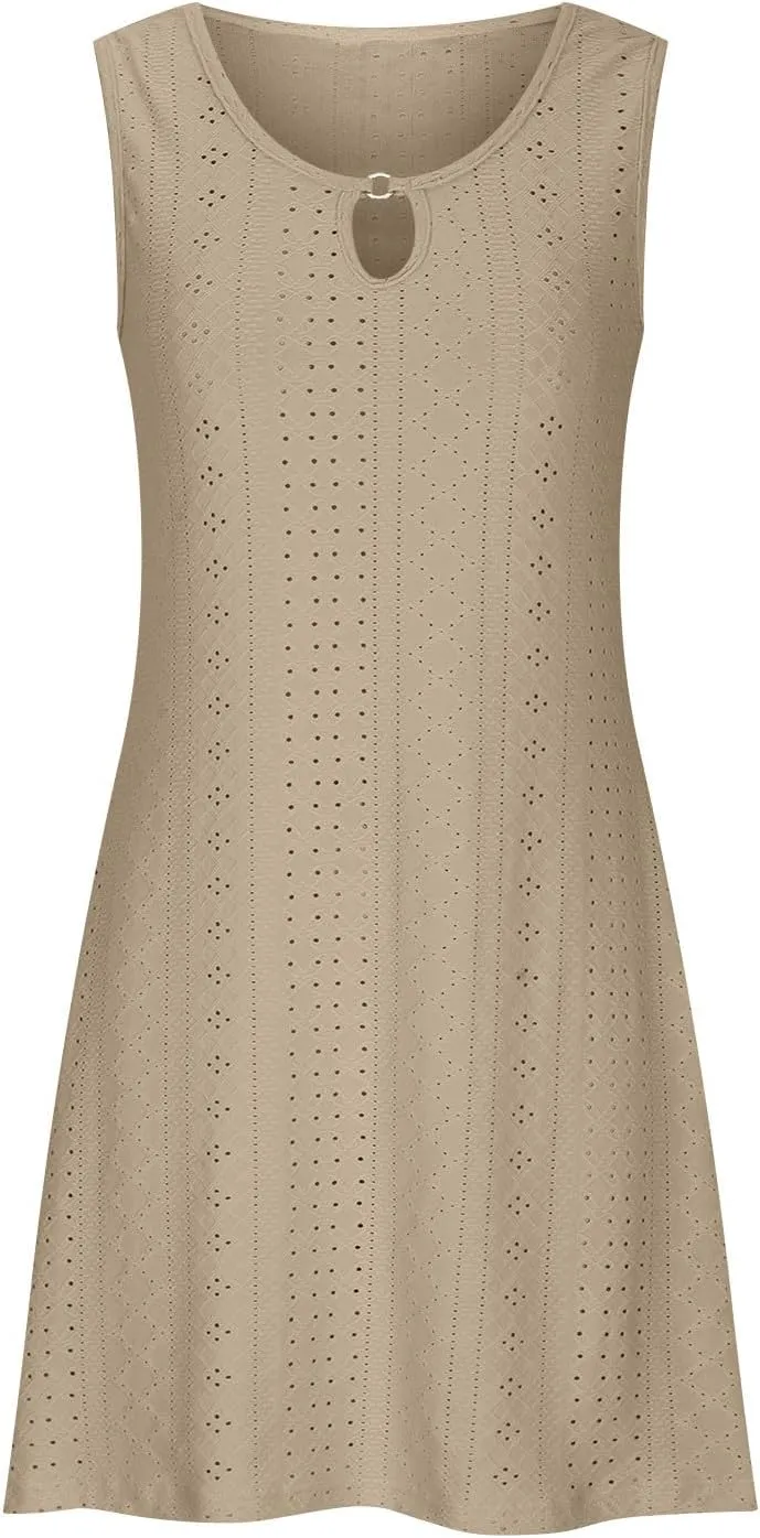 Eyelet Mini Dress for Women Sundresses Plus Size Summer Beach Dresses Cover Ups Sexy Sleeveless Tank Dress