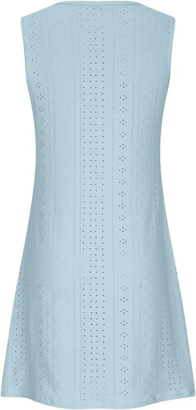 Eyelet Mini Dress for Women Sundresses Plus Size Summer Beach Dresses Cover Ups Sexy Sleeveless Tank Dress