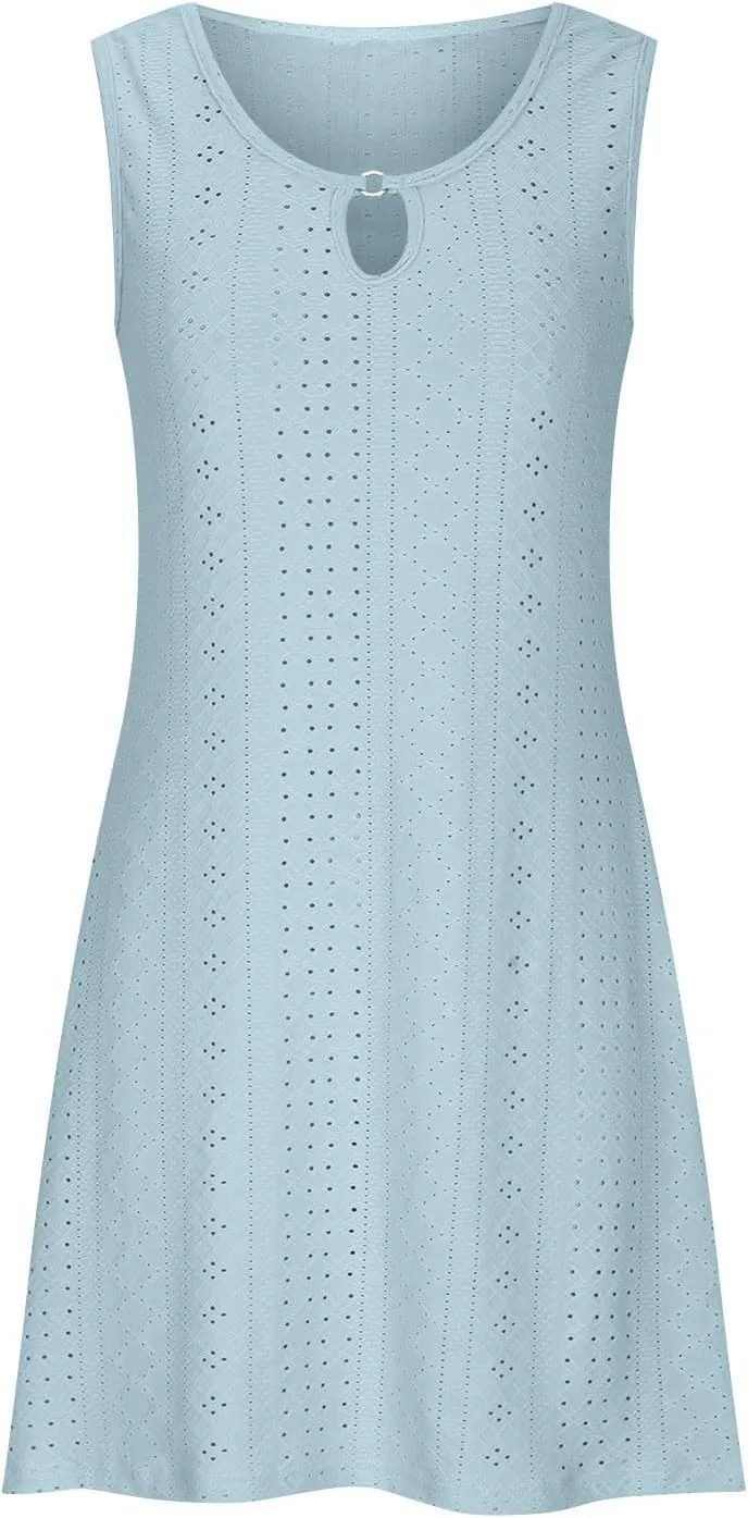 Eyelet Mini Dress for Women Sundresses Plus Size Summer Beach Dresses Cover Ups Sexy Sleeveless Tank Dress