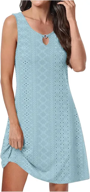 Eyelet Mini Dress for Women Sundresses Plus Size Summer Beach Dresses Cover Ups Sexy Sleeveless Tank Dress
