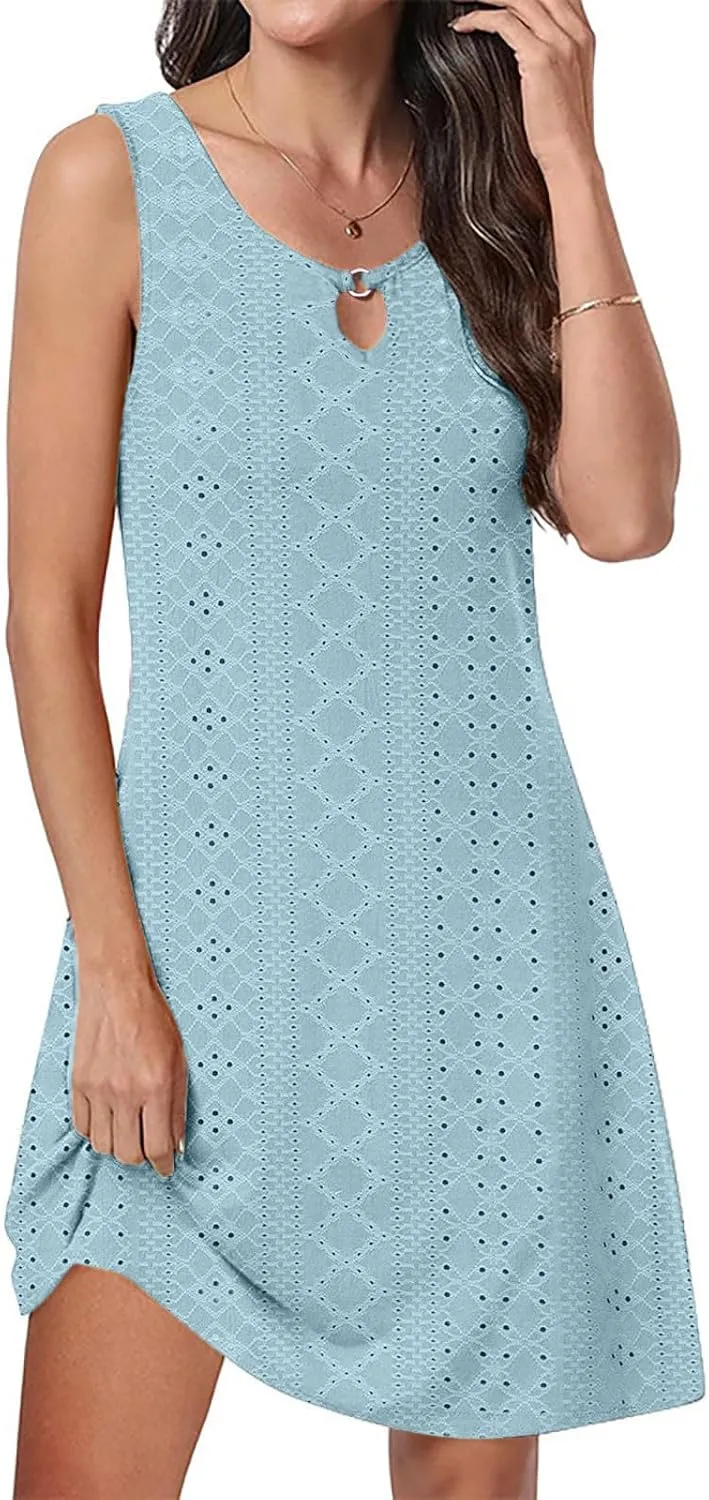 Eyelet Mini Dress for Women Sundresses Plus Size Summer Beach Dresses Cover Ups Sexy Sleeveless Tank Dress