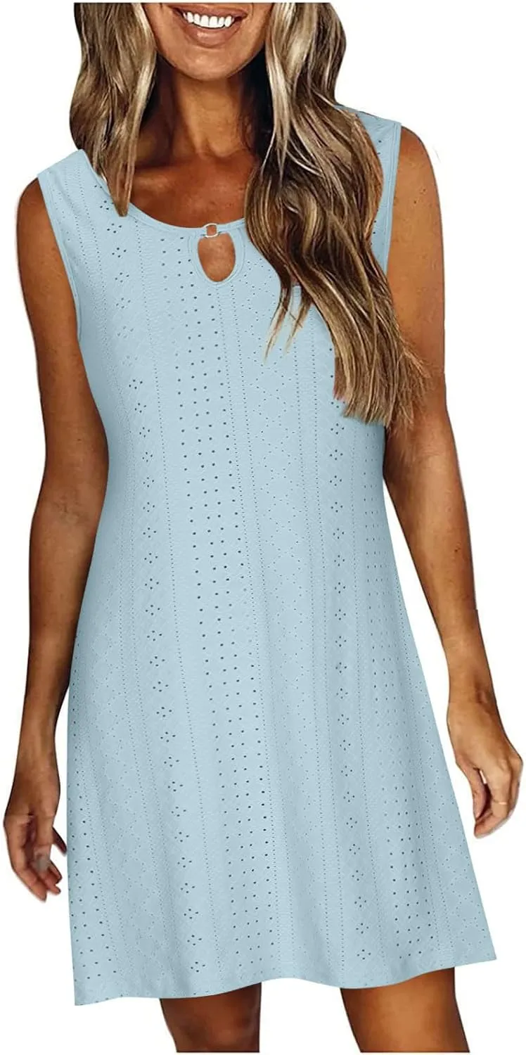 Eyelet Mini Dress for Women Sundresses Plus Size Summer Beach Dresses Cover Ups Sexy Sleeveless Tank Dress
