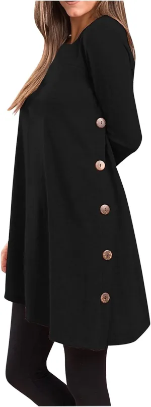 Fall Dresses for Women 2022, Women's Long Sleeve Scoop Neck Button Side t Shirt Casual Swing Loose Fit Tunic Dress