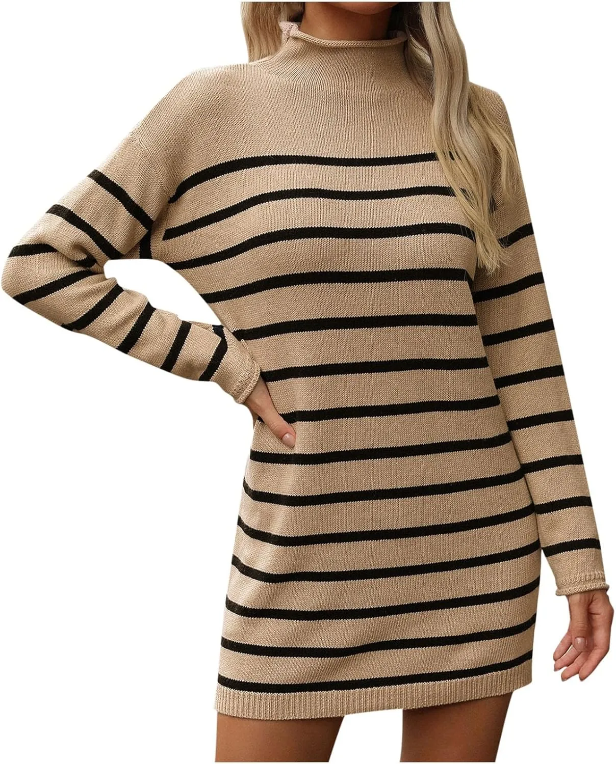 Fall Dresses for Women 2024 Fashion Long Sleeve Knitted Sweater Dress Causal Mock Neck Striped Fall Pullover Outfits