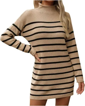 Fall Dresses for Women 2024 Fashion Long Sleeve Knitted Sweater Dress Causal Mock Neck Striped Fall Pullover Outfits