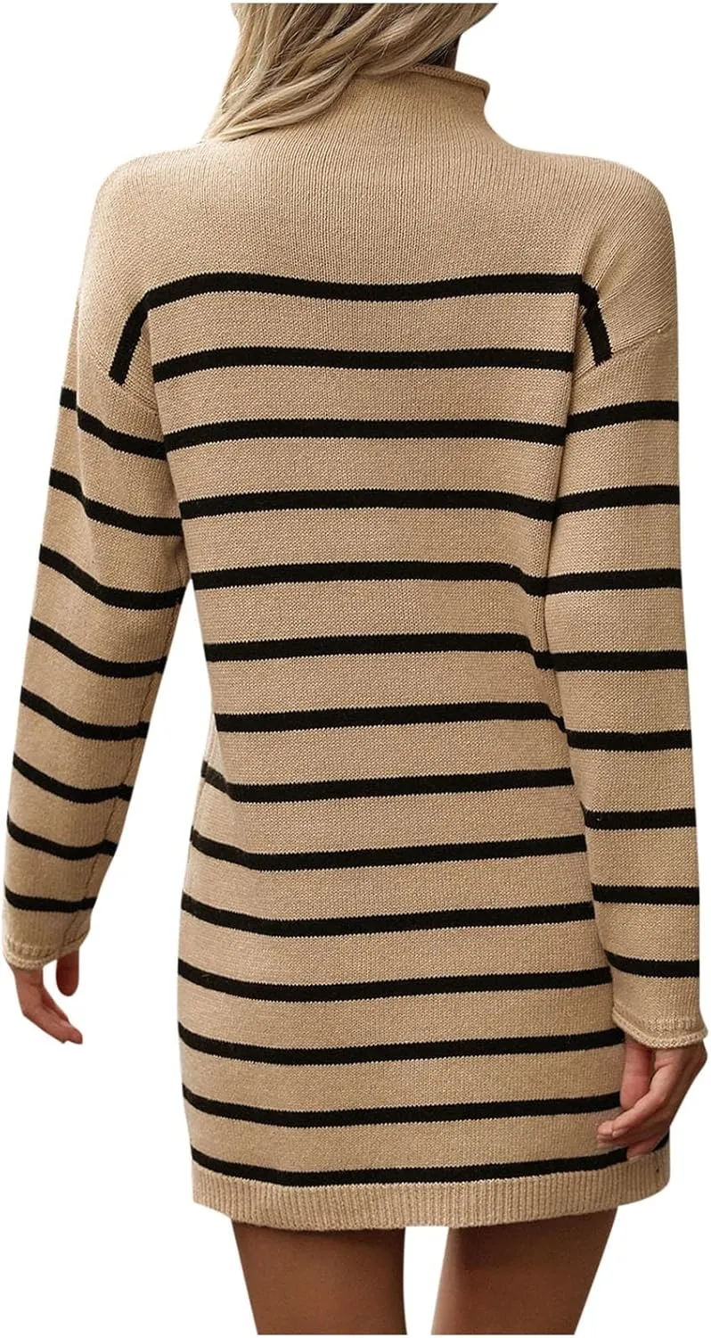 Fall Dresses for Women 2024 Fashion Long Sleeve Knitted Sweater Dress Causal Mock Neck Striped Fall Pullover Outfits