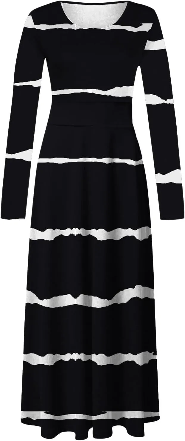 Fall Floral Dresses for Women 2024 Fashion Striped Elastic Waist Causal Boho Dress Plus Size Crewneck Oversized Dress