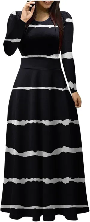 Fall Floral Dresses for Women 2024 Fashion Striped Elastic Waist Causal Boho Dress Plus Size Crewneck Oversized Dress