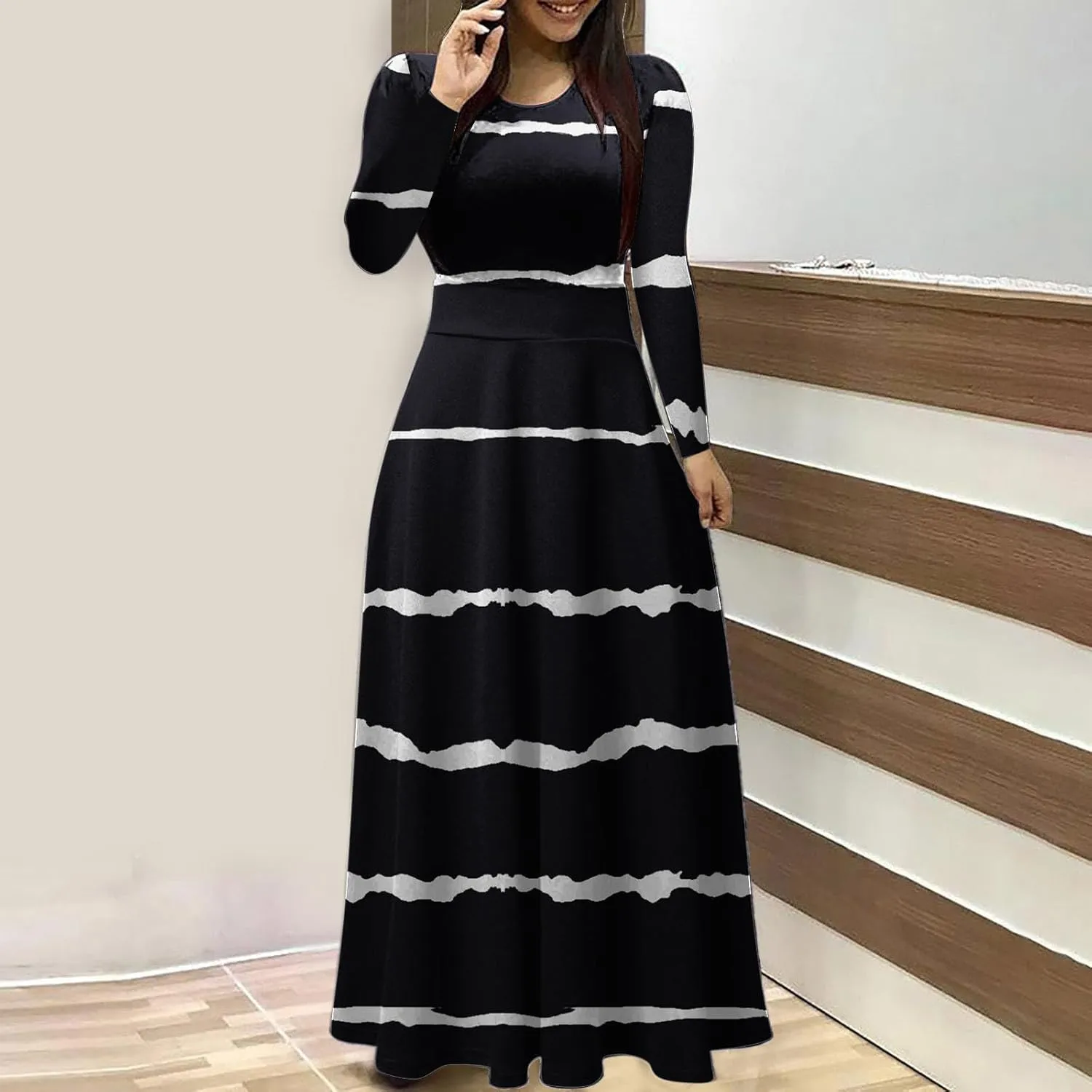Fall Floral Dresses for Women 2024 Fashion Striped Elastic Waist Causal Boho Dress Plus Size Crewneck Oversized Dress