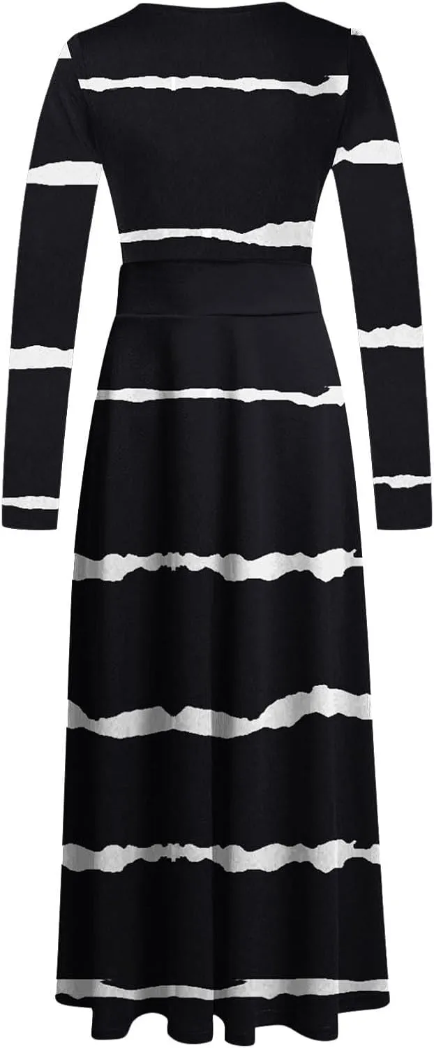 Fall Floral Dresses for Women 2024 Fashion Striped Elastic Waist Causal Boho Dress Plus Size Crewneck Oversized Dress