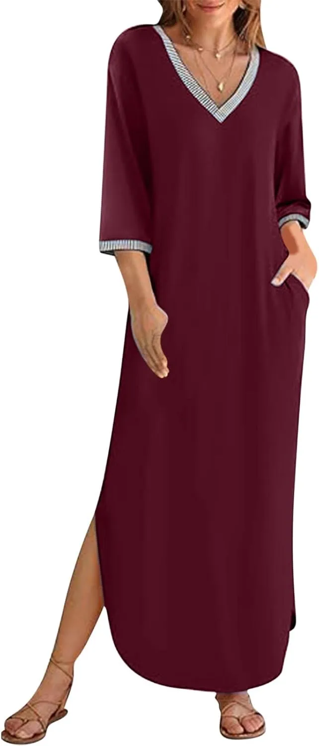 Fall Work Dresses for Women 2024 3/4 Sleeve Loose v Neck Ankle Length Dresses Casual Split Maxi Dresses with Pockets