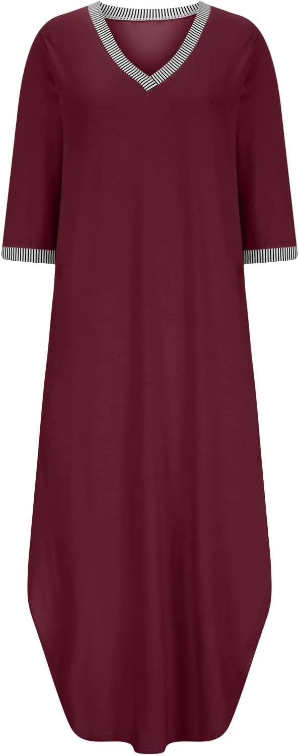 Fall Work Dresses for Women 2024 3/4 Sleeve Loose v Neck Ankle Length Dresses Casual Split Maxi Dresses with Pockets