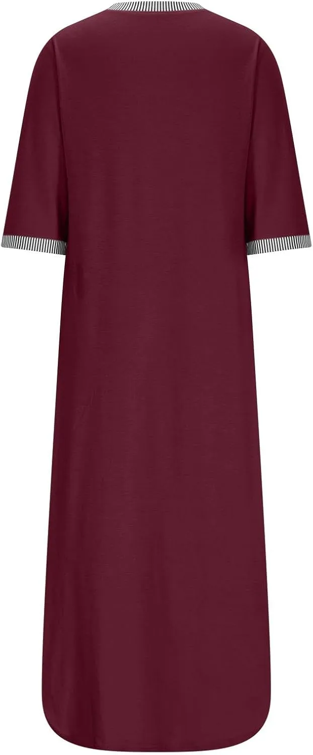 Fall Work Dresses for Women 2024 3/4 Sleeve Loose v Neck Ankle Length Dresses Casual Split Maxi Dresses with Pockets