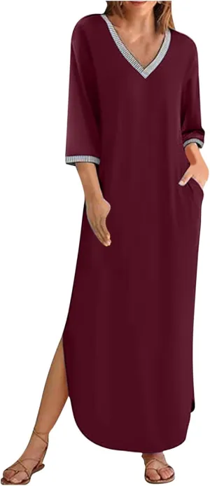 Fall Work Dresses for Women 2024 3/4 Sleeve Loose v Neck Ankle Length Dresses Casual Split Maxi Dresses with Pockets