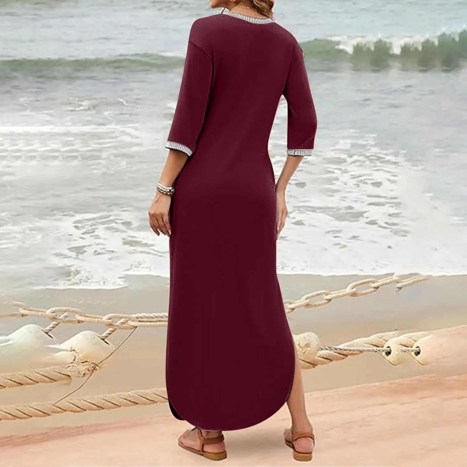 Fall Work Dresses for Women 2024 3/4 Sleeve Loose v Neck Ankle Length Dresses Casual Split Maxi Dresses with Pockets