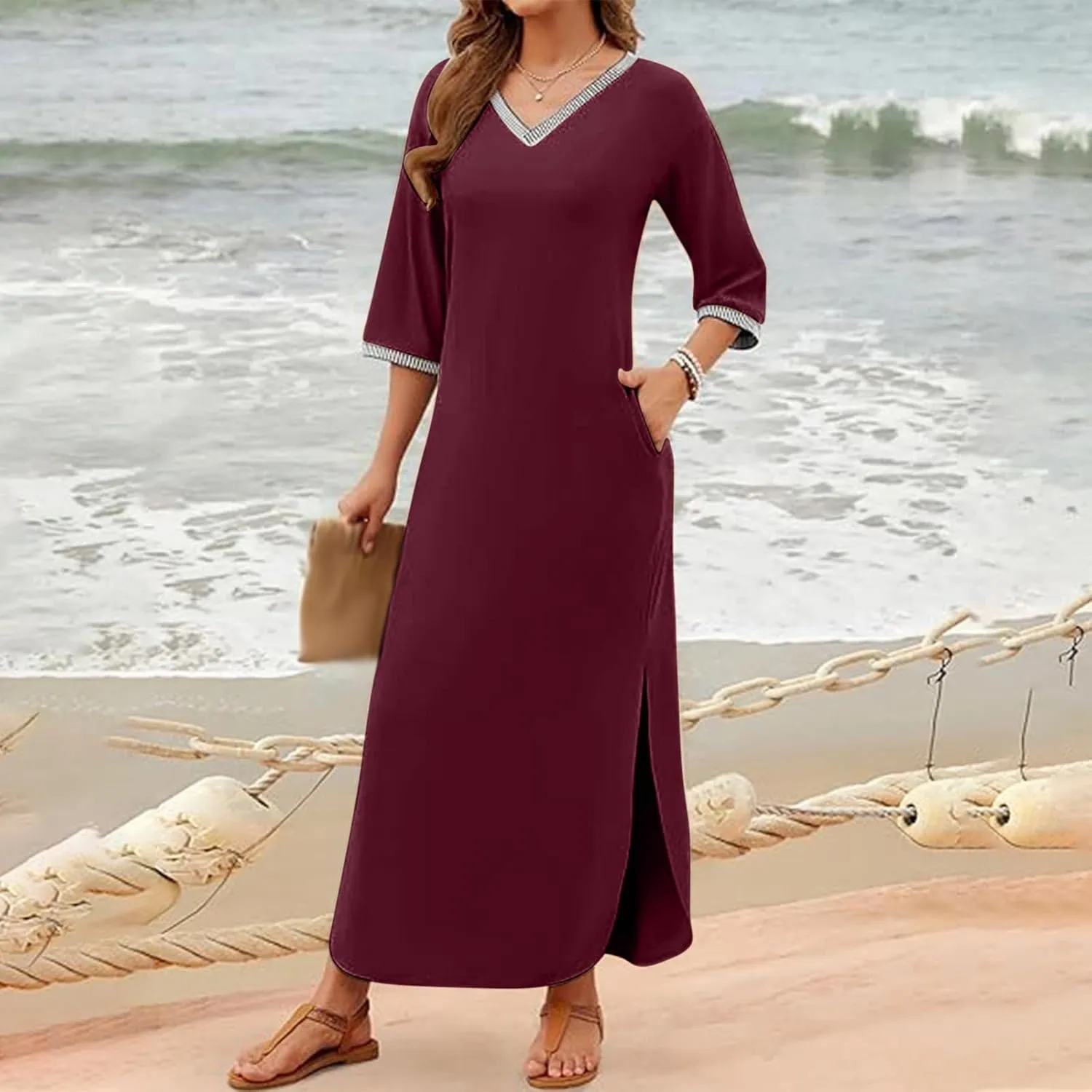 Fall Work Dresses for Women 2024 3/4 Sleeve Loose v Neck Ankle Length Dresses Casual Split Maxi Dresses with Pockets