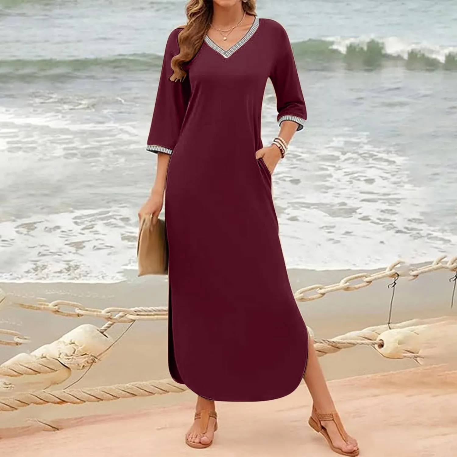 Fall Work Dresses for Women 2024 3/4 Sleeve Loose v Neck Ankle Length Dresses Casual Split Maxi Dresses with Pockets