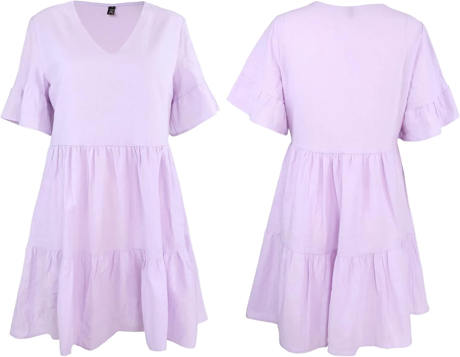 FANCYINN Womens V Neck Cute Shift Dress with Pockets Bell Sleeve Ruffle Hem Loose Swing Summer Tunic Mini Dress