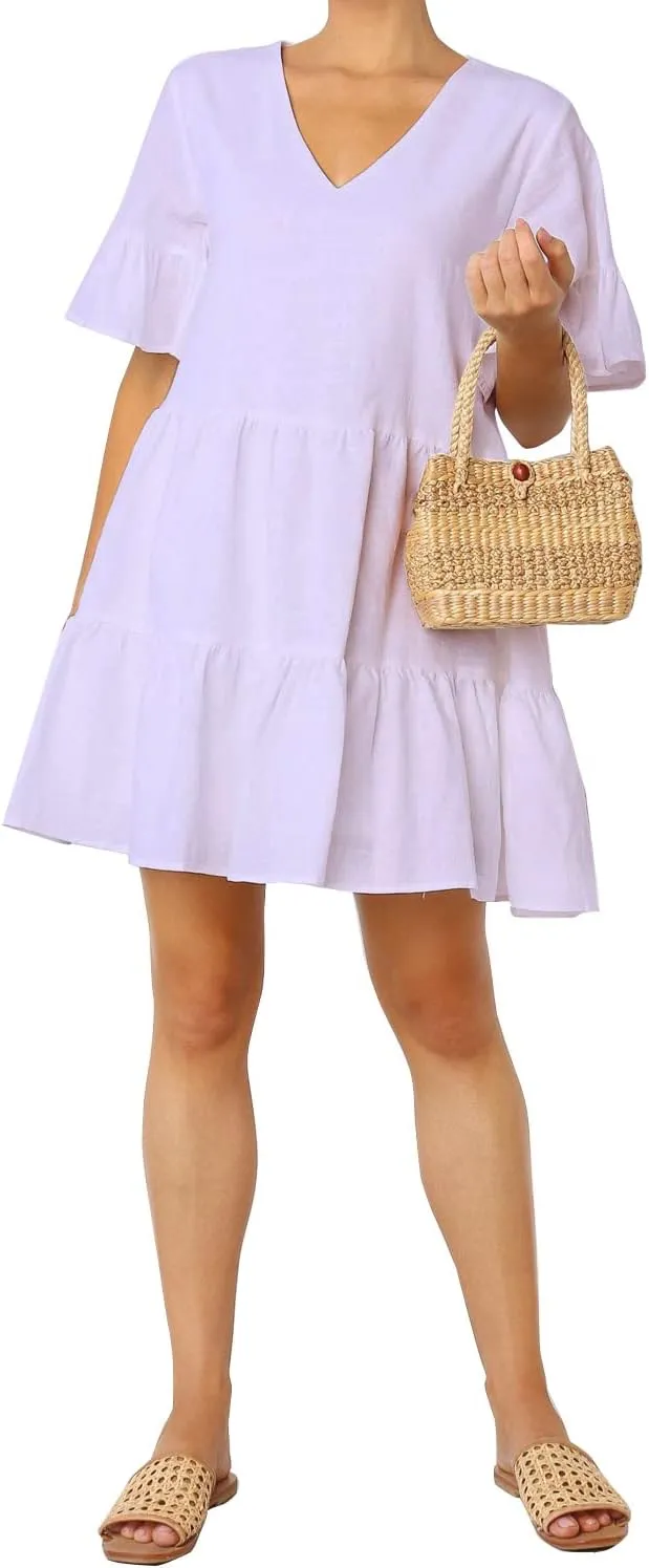 FANCYINN Womens V Neck Cute Shift Dress with Pockets Bell Sleeve Ruffle Hem Loose Swing Summer Tunic Mini Dress