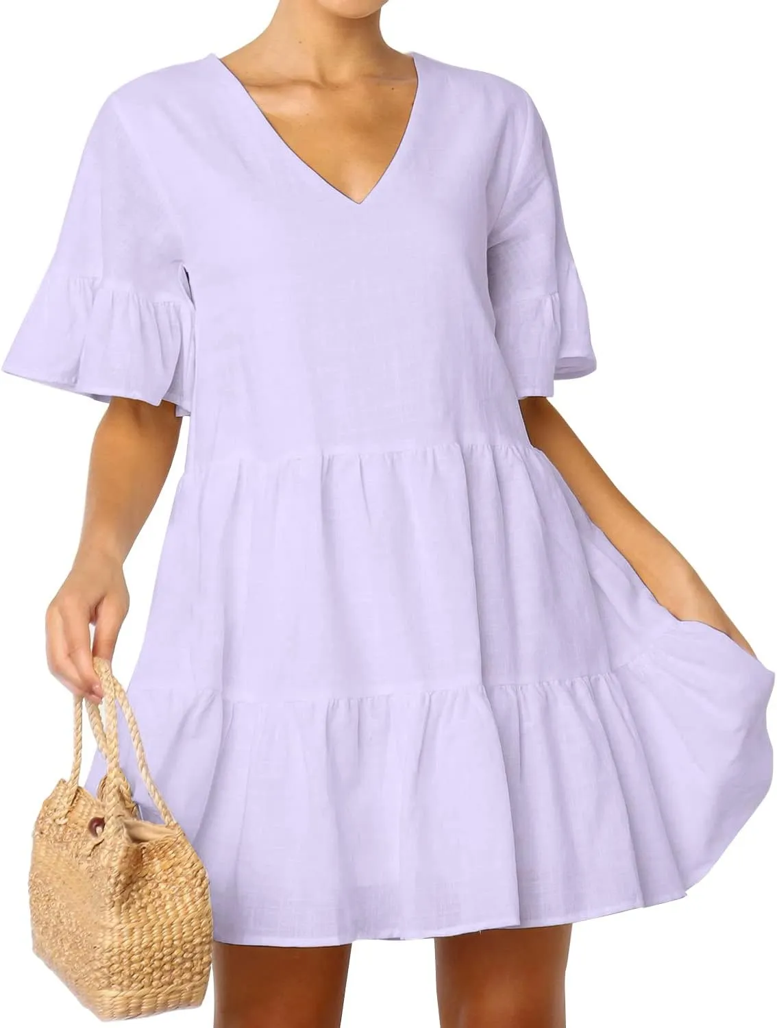 FANCYINN Womens V Neck Cute Shift Dress with Pockets Bell Sleeve Ruffle Hem Loose Swing Summer Tunic Mini Dress