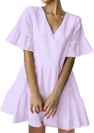 FANCYINN Womens V Neck Cute Shift Dress with Pockets Bell Sleeve Ruffle Hem Loose Swing Summer Tunic Mini Dress