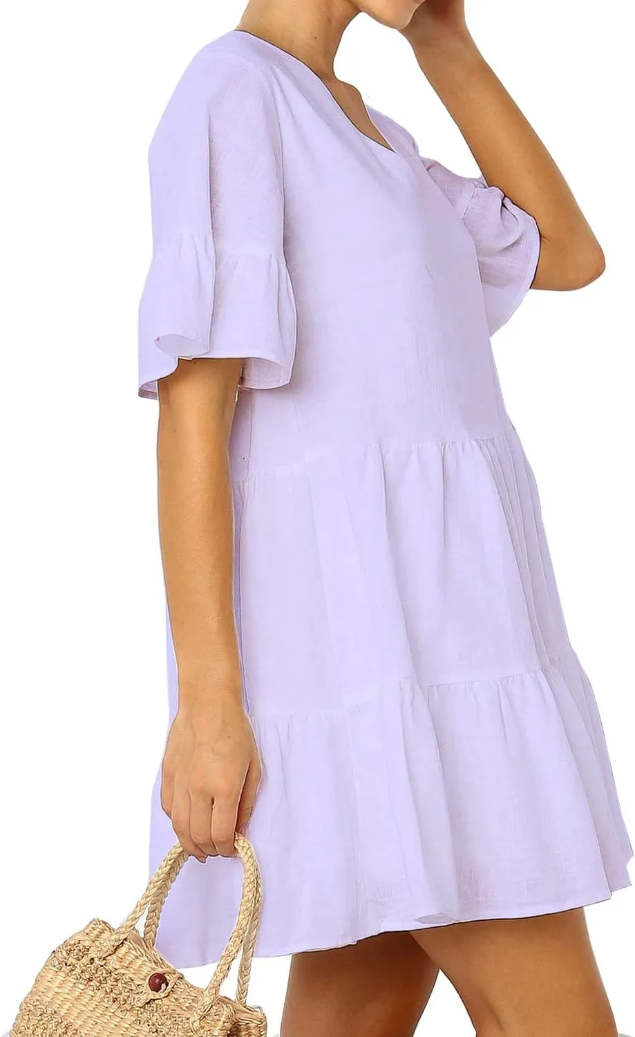 FANCYINN Womens V Neck Cute Shift Dress with Pockets Bell Sleeve Ruffle Hem Loose Swing Summer Tunic Mini Dress
