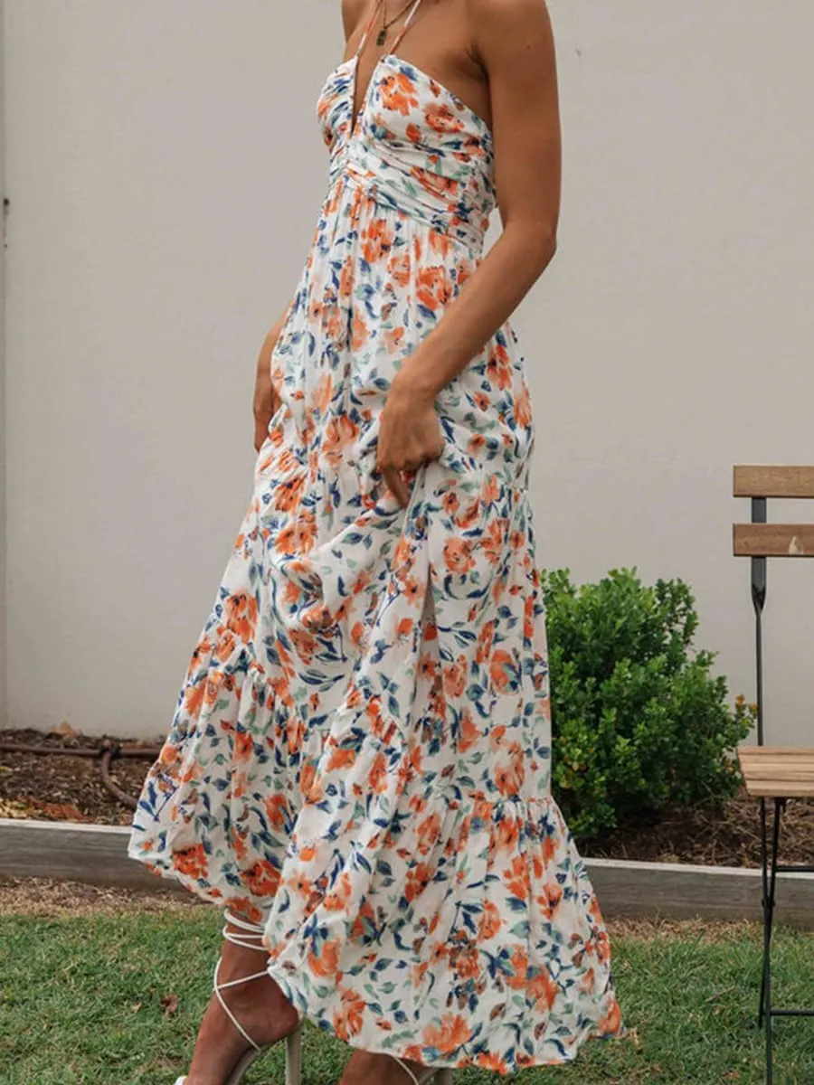 Faretumiya Womens Summer Flowy Tiered Long Dress Sleeveless Casual Spaghetti Strap Sundress Y2k Swing Boho Beach Maxi Dress