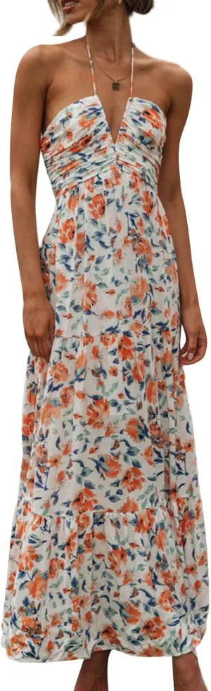 Faretumiya Womens Summer Flowy Tiered Long Dress Sleeveless Casual Spaghetti Strap Sundress Y2k Swing Boho Beach Maxi Dress