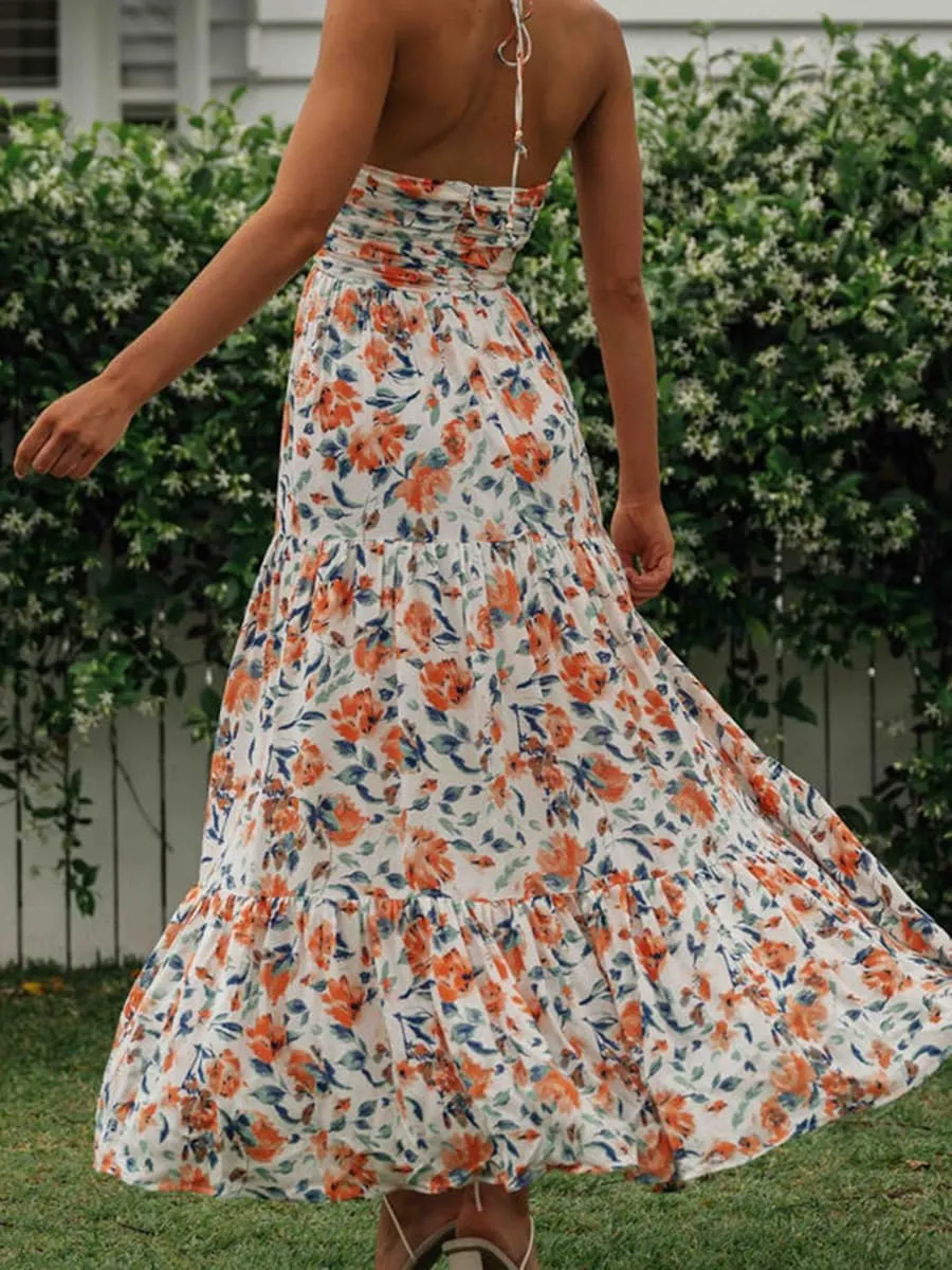 Faretumiya Womens Summer Flowy Tiered Long Dress Sleeveless Casual Spaghetti Strap Sundress Y2k Swing Boho Beach Maxi Dress