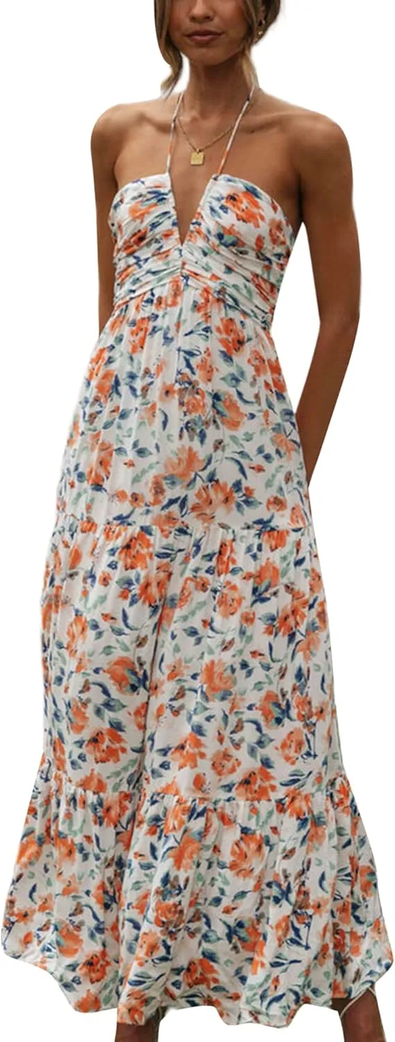 Faretumiya Womens Summer Flowy Tiered Long Dress Sleeveless Casual Spaghetti Strap Sundress Y2k Swing Boho Beach Maxi Dress
