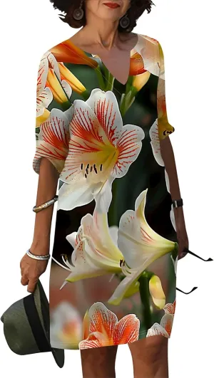 Fashion Casual Loose Summer Print Dress Elegant Mid Sleeve Dresses Pullover V Neck Beach Vacation Cocktail Party S-3XL
