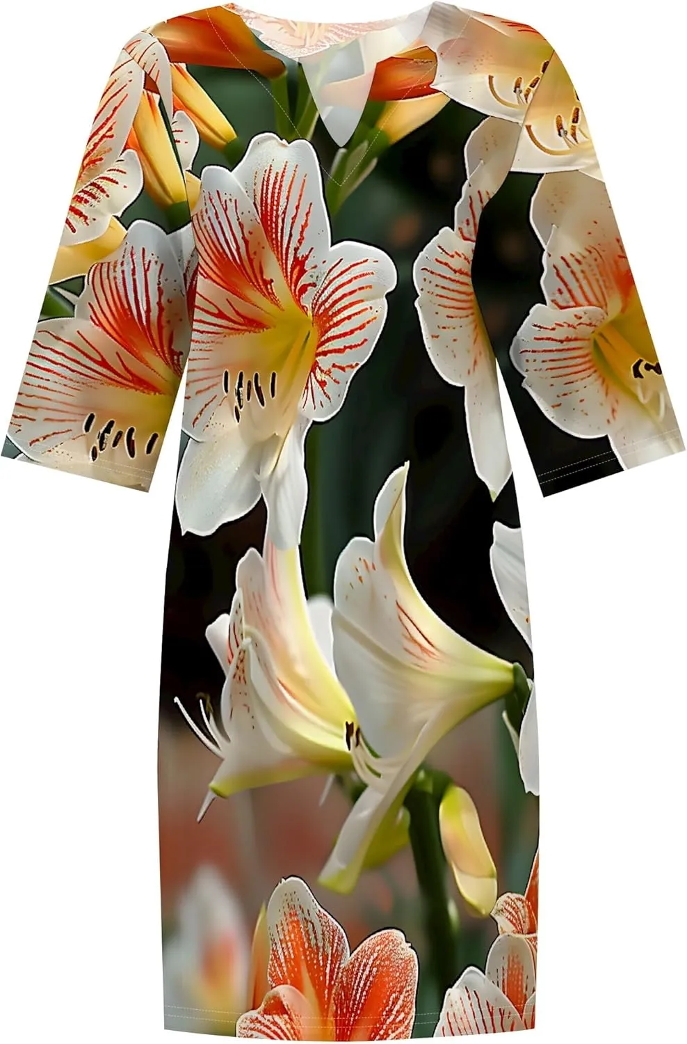 Fashion Casual Loose Summer Print Dress Elegant Mid Sleeve Dresses Pullover V Neck Beach Vacation Cocktail Party S-3XL