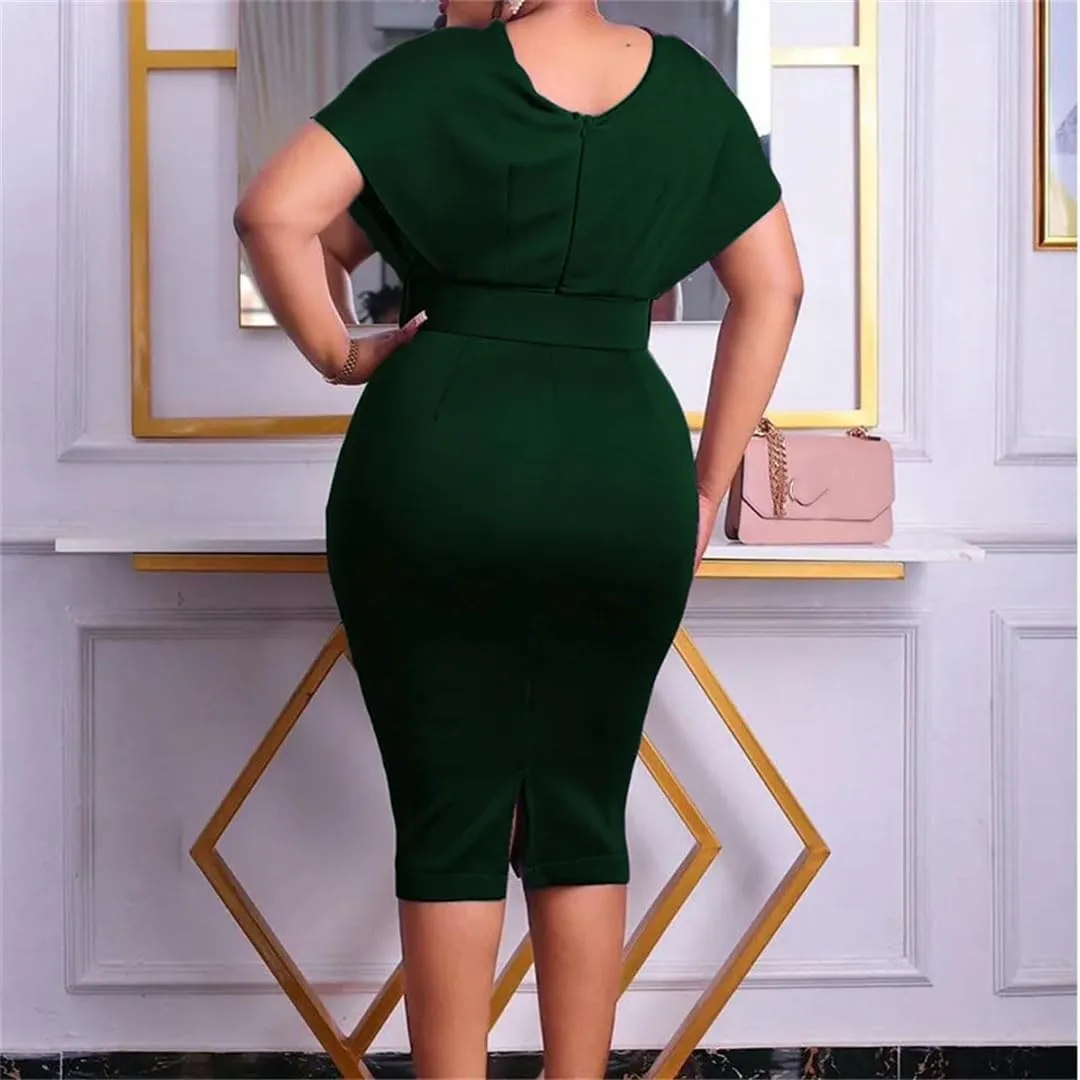 Female Clothing Sashes Solid High Waist Pencil Skirt V-Neck Pleated Zipper Elegant Midi Dress
