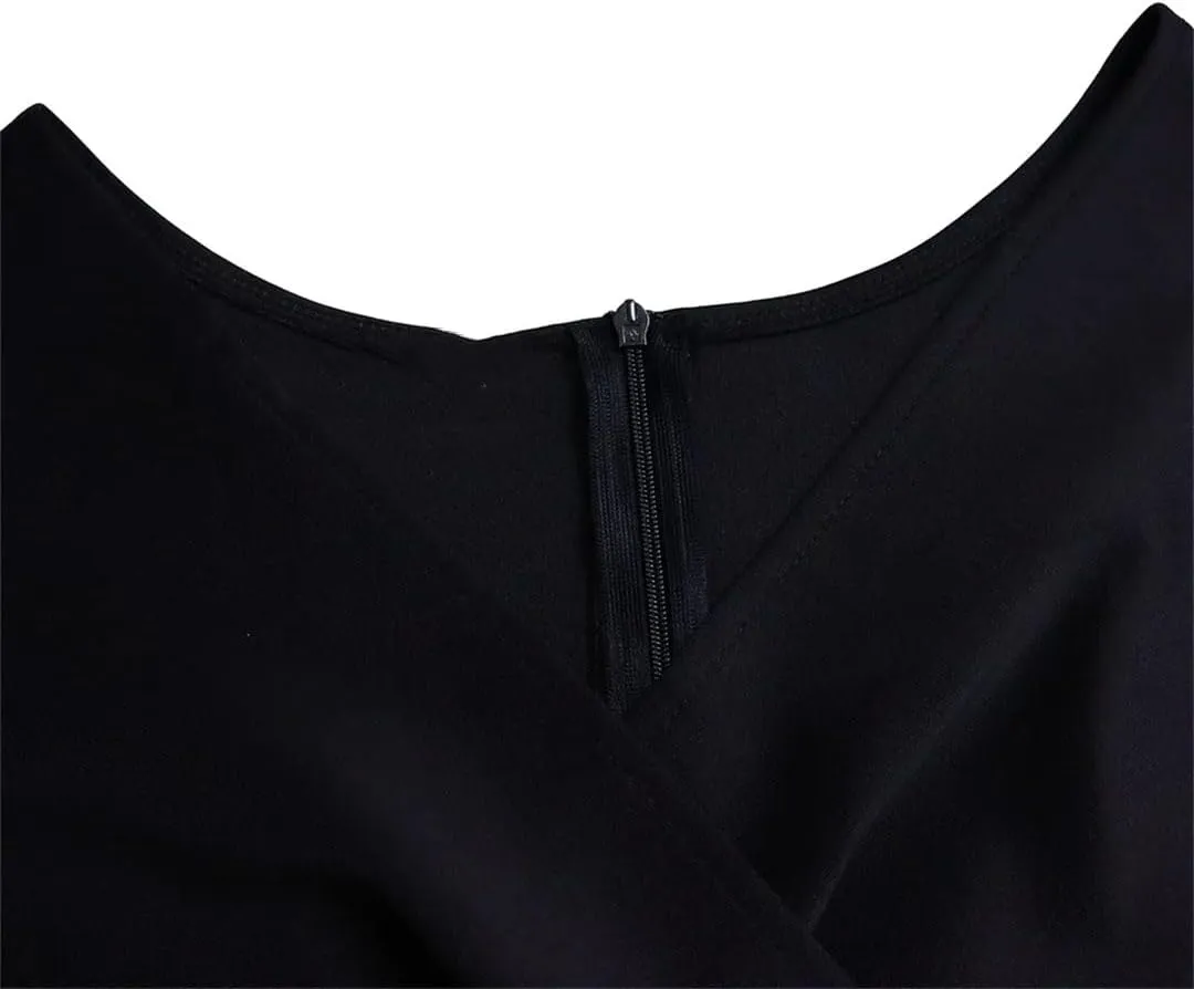Female Clothing Sashes Solid High Waist Pencil Skirt V-Neck Pleated Zipper Elegant Midi Dress