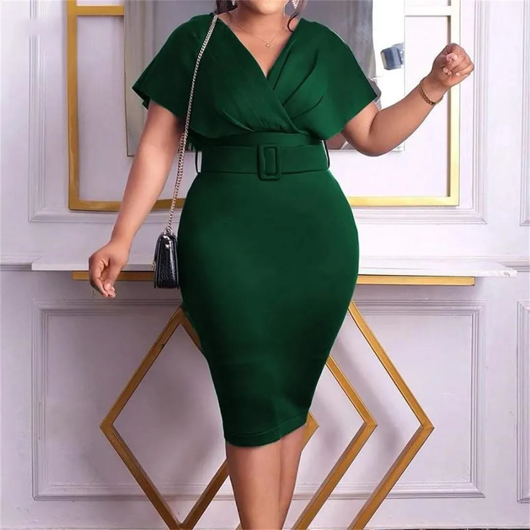 Female Clothing Sashes Solid High Waist Pencil Skirt V-Neck Pleated Zipper Elegant Midi Dress