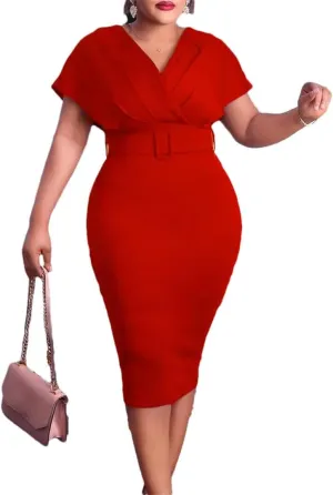 Female Clothing Sashes Solid High Waist Pencil Skirt V-Neck Pleated Zipper Elegant Midi Dress