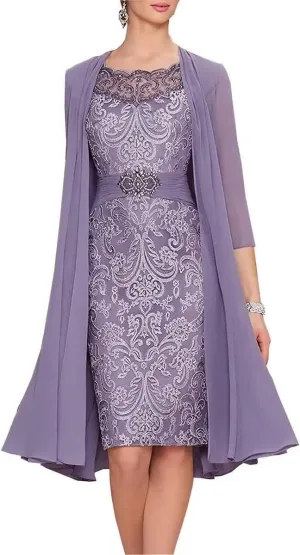 Floral Lace Mauve Mother of The Groom Dress Tea Length 2 PC Chiffon Evening Dresses for Women Elegant Classy, US 6