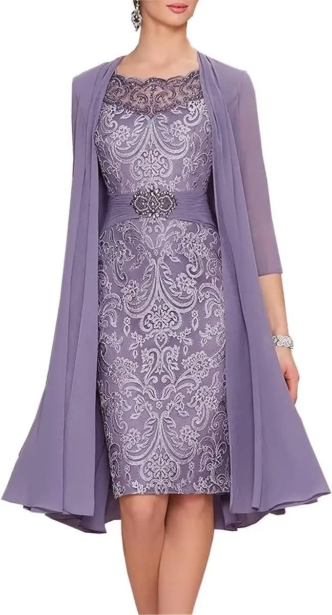 Floral Lace Mauve Mother of The Groom Dress Tea Length 2 PC Chiffon Evening Dresses for Women Elegant Classy, US 6