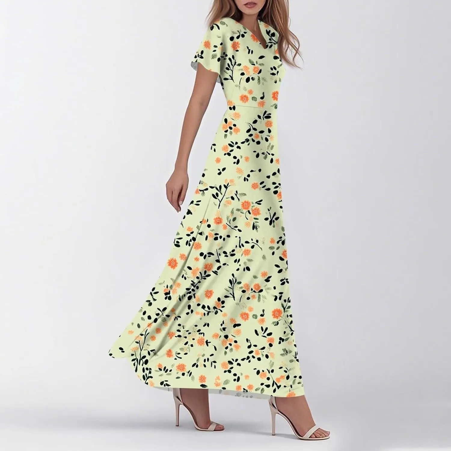 Floral Maxi Dresses for Women 2025 Summer Casual Ruffle Sleeve V Neck Chiffon Dress Flowy Swing Boho Beach Sundresses