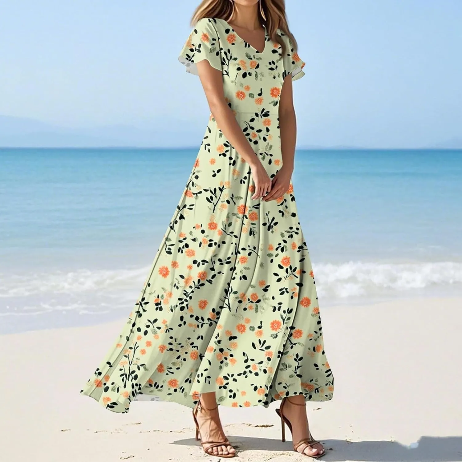 Floral Maxi Dresses for Women 2025 Summer Casual Ruffle Sleeve V Neck Chiffon Dress Flowy Swing Boho Beach Sundresses