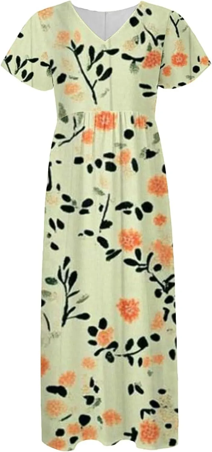Floral Maxi Dresses for Women 2025 Summer Casual Ruffle Sleeve V Neck Chiffon Dress Flowy Swing Boho Beach Sundresses